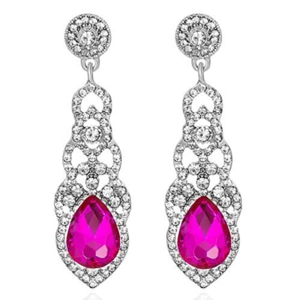 3802 Vintage Hot Pink Rhinestone Wedding Bridal Teardrop Dangle Earrings